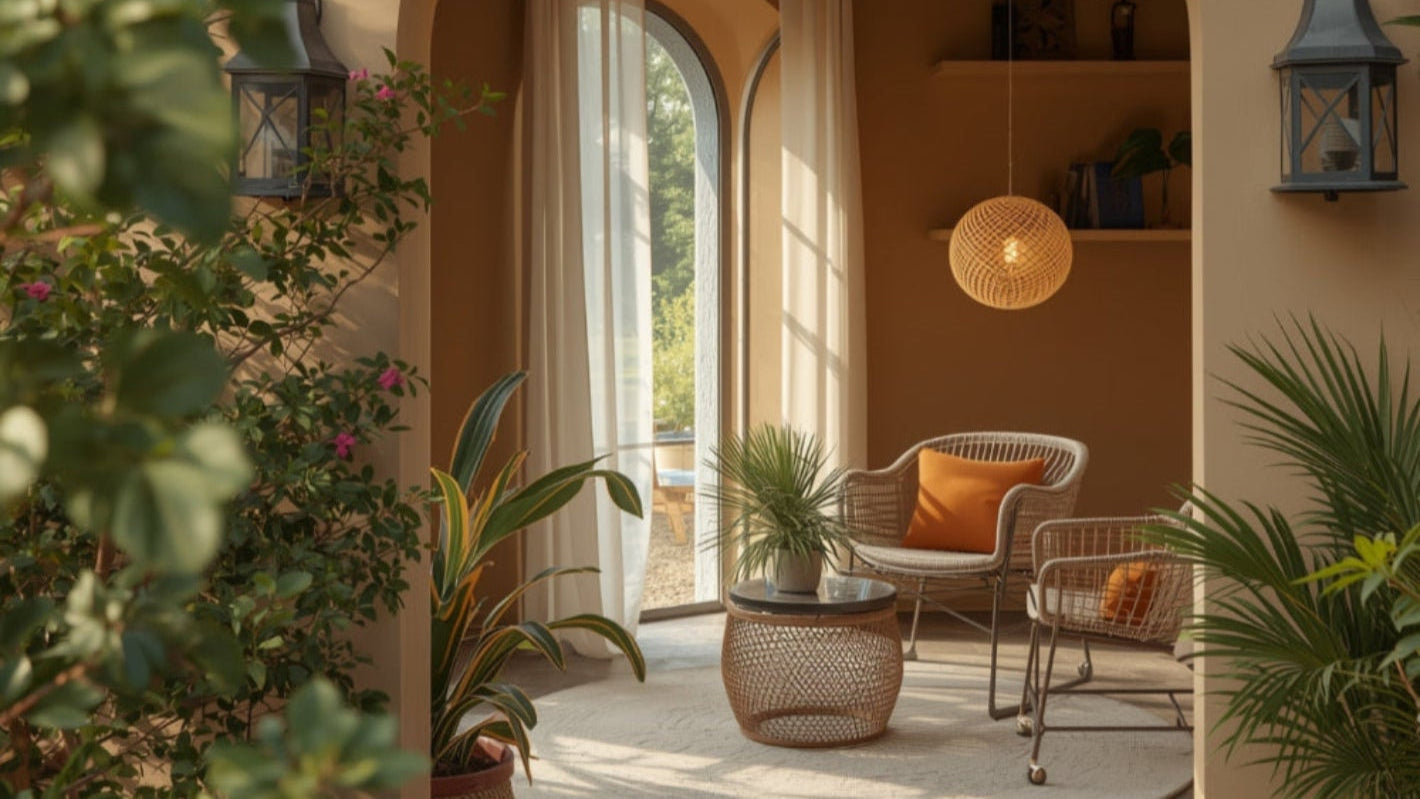 Cozy outdoor patio with chairs, table, and plants in a warm-toned setting