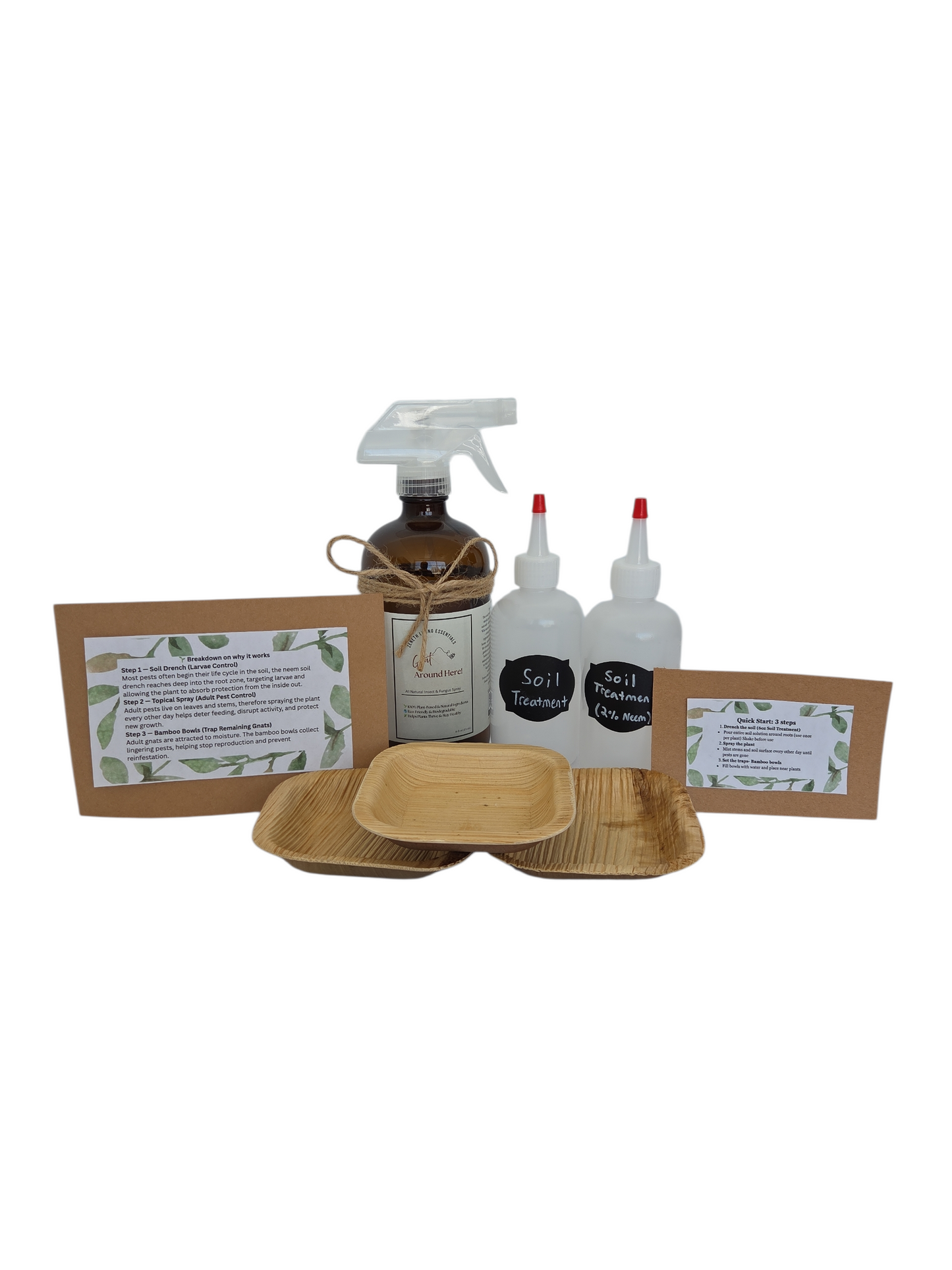 Complete plant care kit comes with two soil drenches (2% neem oil solution), one 16oz bottle of topical plant care spray, three bamboo water bowls, and instructions/facts on how the kit works