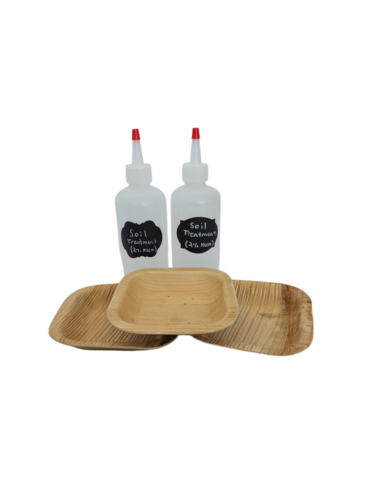 Two soil drench bottles with three bamboo bowls