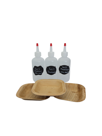 Three soil drench bottles with three bamboo bowls