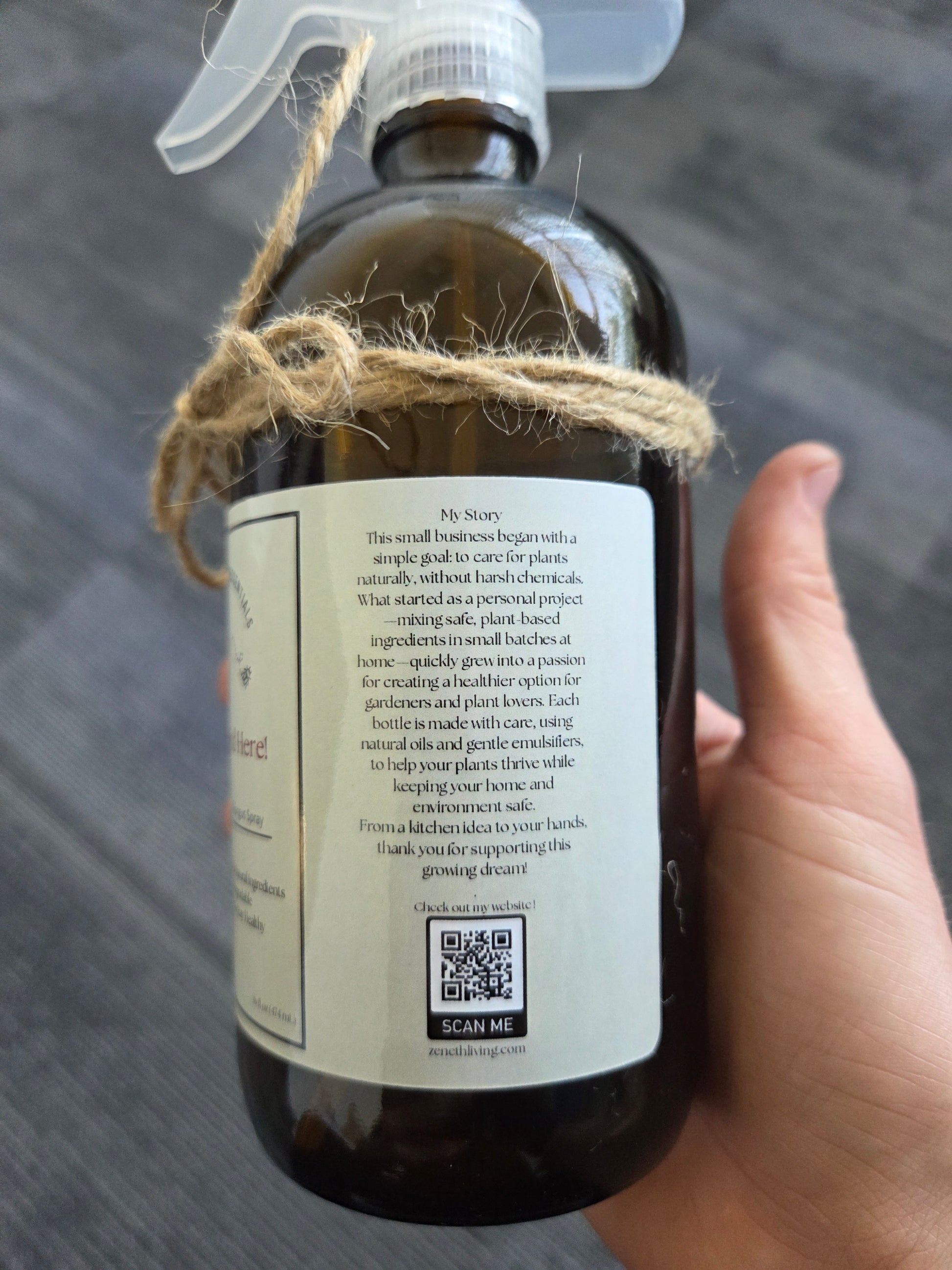 Showing off section of the label where the product developer shares a "my story" of how they got involved in plant care