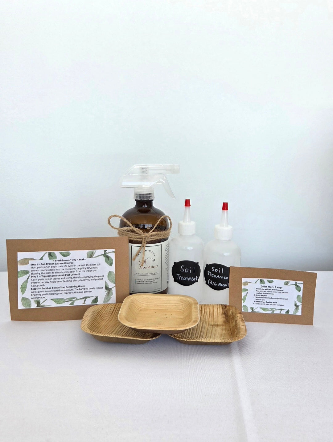 Complete plant care kit comes with two soil drenches (2% neem oil solution), one 16oz bottle of topical plant care spray, three bamboo water bowls, and instructions/facts on how the kit works 
