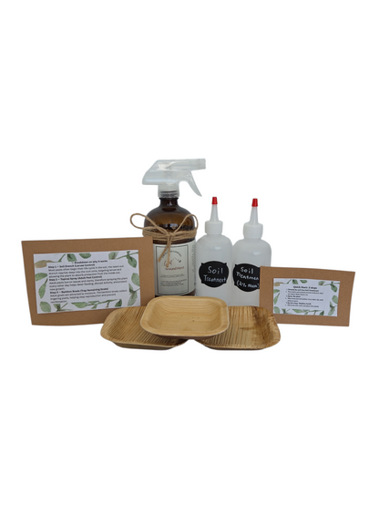 Complete plant care kit comes with two soil drenches (2% neem oil solution), one 16oz bottle of topical plant care spray, three bamboo water bowls, and instructions/facts on how the kit works 